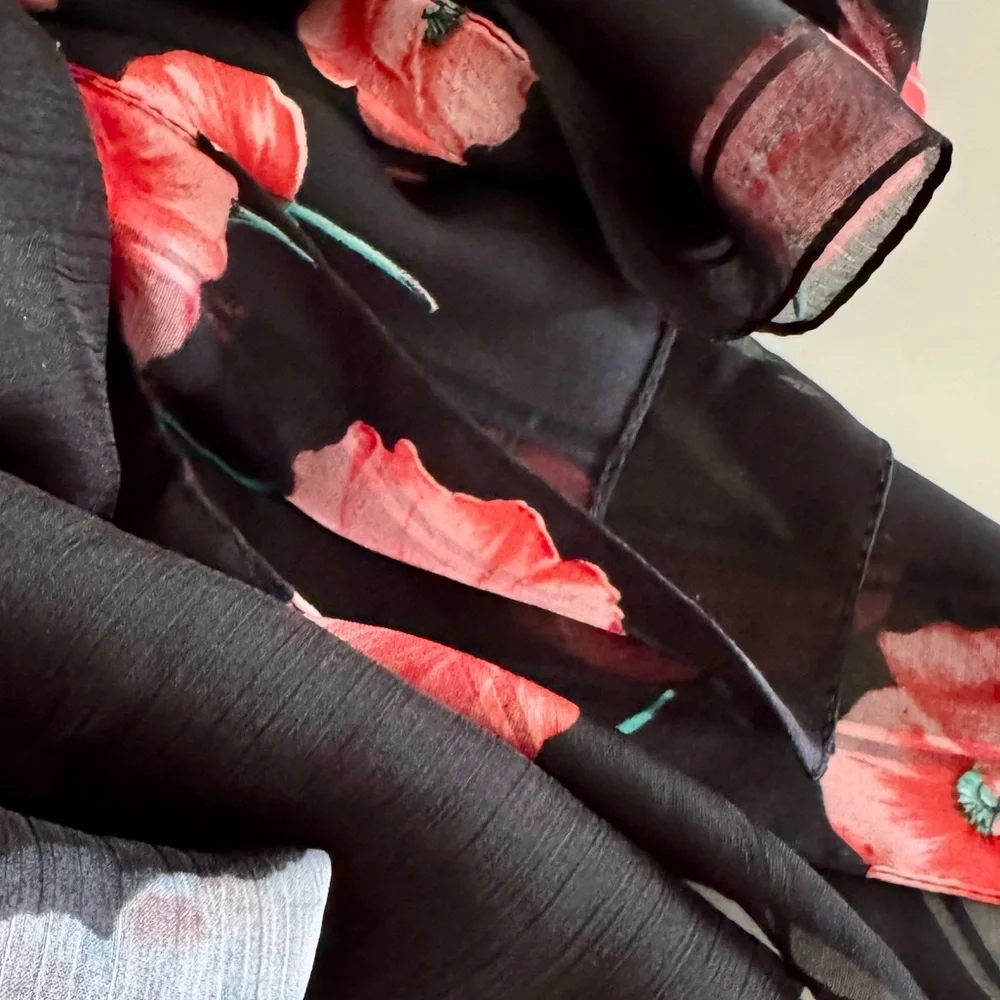 Vintage BUNDLE (2) Floating Floral Poppies & Roses Printed Scarf Wraps,